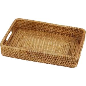 Rattan Serving Tray, Rectangle Coffee Table Tray with Handles, Decorative Ottoman Tea Tray Wicker Basket for Coffee, Bread, Fruits, Snacks, Breakfast, Drinks, Table Decor