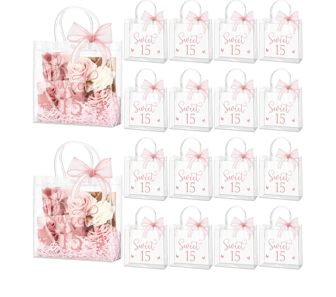 Sweetude 18 Pcs Sweet 15 Birthday Gift Bag 15th Party Gift Bags with Handles and Bows Clear Birthday Quinceanera Party Favors for Guests 15 Years Sweet(Pink)
