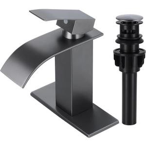 Qomolangma Waterfall Bathroom Faucet, Black Modern Single Handle Bathroom Faucets for 1 or 3 Hole Bathroom Sink Faucet Mixer Tap Washbasin Faucet with Deck, Pop-up Drain and Supply Hoses