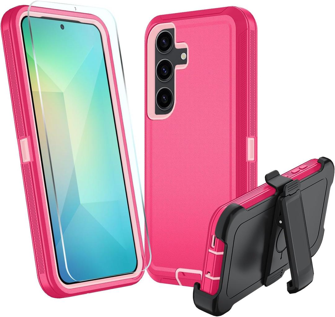 for Samsung Galaxy S25 Case, S25 Heavy Duty case, [Belt Clip Holster] [Glass Screen Protector] [Military Grade Protective ] [Shockproof] [Dropproof] [Dust-Proof] (with Belt Clip, Rose/Pink)