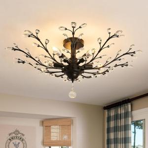 CVKASH 5 - Light Vintage Small Crystal Chandelier Modern Semi Flush Mount Ceiling Light Fixture Chandelier Lighting for Kitchen Bedroom Living Room Dining Room Hallway FoyerBlack