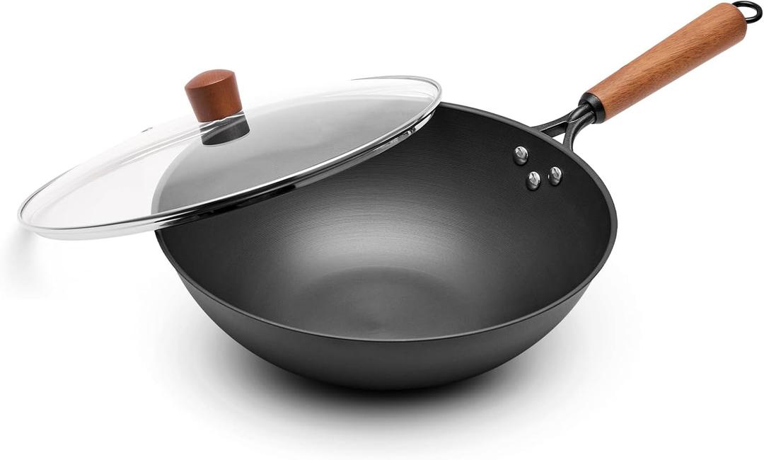 12.6" Iron Wok, Spin-Forged Refined Iron Stir Fry Pan with Wooden Handle, Flat Bottom Wok Pan with Reinforced Rim, Lightweight Woks & Stir-Fry Pans for Everyday Cooking