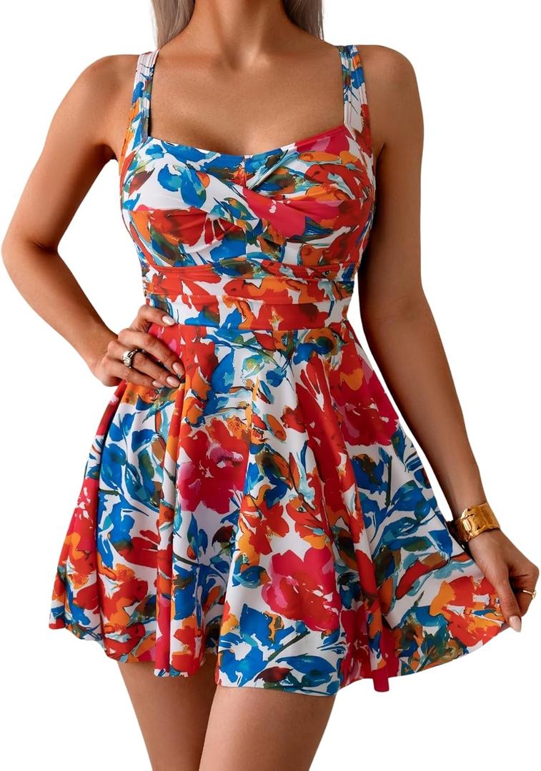 B2prity One Piece Swimdress Swimsuit for Women Tummy Control Wrap Swim Dress Modest Ruched Skirt Bathing Suit (Large, Red Floral Print)