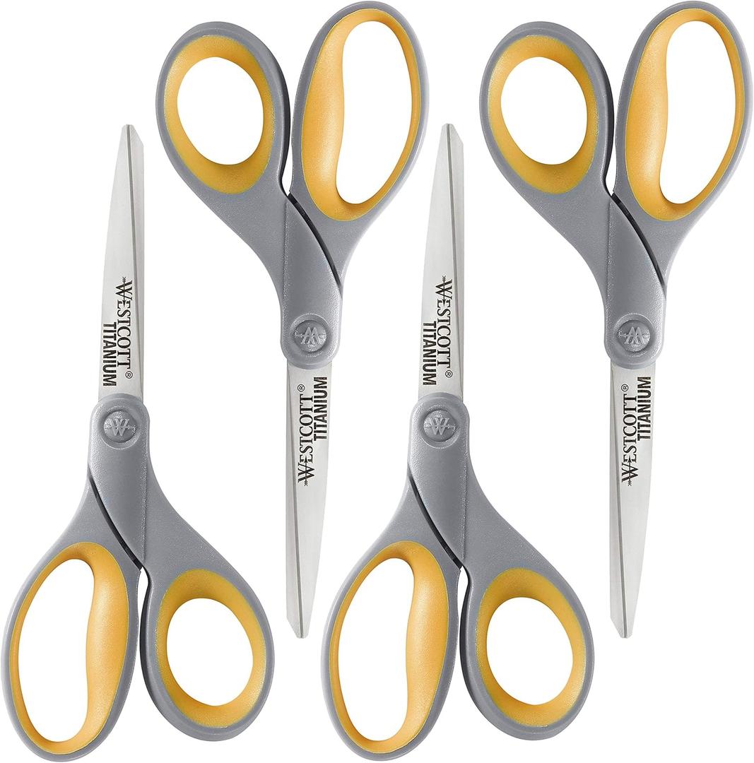 Westcott 8-Inch Titanium Bonded Scissors for Home, Office, and Classroom - Perfect for Cutting Paper, Sewing, and Crafts - Heavy-Duty Design with Soft Handle - Gray/Yellow - 4-Pack