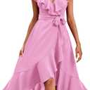 PRETTYGARDEN Women's Summer Cross Maxi Dress Casual Boho Deep V Neck Short Sleeve Ruffle Hem Split Beach Long Dresses (Bright Pink, Medium)