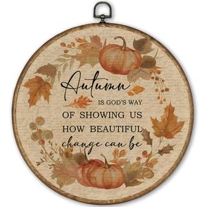 TLESKE Vintage Fall Pumpkin Leaves Round Wall Art Decor Framed 10x10, Beige Autumn Canvas vintage Wall Art Prints Artwork, Thanksgiving Wall Hanging Room Door Decor Decorations for Bedroom Living Room