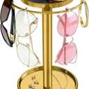 LSK 360 Rotating Sunglasses Organizer, Stainless Steel Glasses Holder Stand with Organizer Tray, Eyeglasses Holder with Storage Base for Dresser, Desk Table, Nightstand & Home Decor, Gold