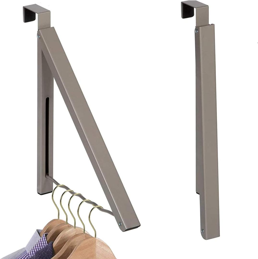 HOLDN STORAGE Over The Door Hanger - Closet Hanger Retractable Collapsible Folding Hanging Rack Organizer for Clothes & Towels Ideal for Bathrooms, Dorm Rooms Etc. - Satin Nickel (Includes one Hook) (Single Set: 1 Pack)