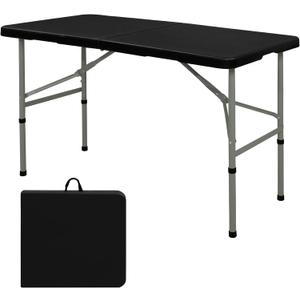 Folding Table 4FT Camping Table Portable Heavy Duty Plastic Rectangular Outdoor Dining Table Steel Legs Fold-in-Half with Carrying Handle for Indoor,Picnic,Party,Wedding,Events(Black)