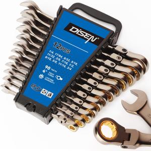 DISEN 12 Pcs Flex Head Ratcheting Wrench Set 90 Teeth, Combination Ratchet Wrenches Set SAE1/4 to 3/4", Cr-V Steel, 12-Point, Nickel Plating with Organizer Rack Visit the Store