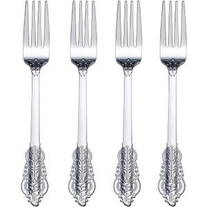 WDF 100 Piece Silver Forks Disposable - 7.48 Inch Silver Plastic Forks - Baroque Silver Plastic Silverware for Dessert Cake - Heavy Duty Plastic Forks for Party, Wedding or Daily Using