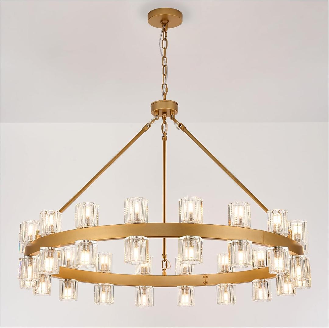 36 Inch Gold Wagon Wheel Chandelier with Crystal Shade