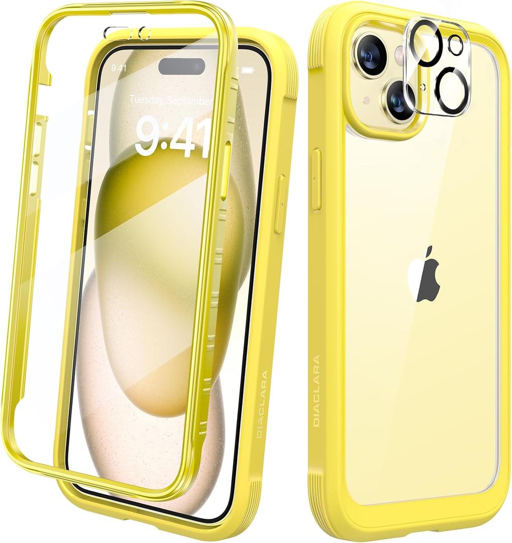 Diaclara Designed for iPhone 15 Case, Full Body Rugged Case with Built-in Touch Sensitive Anti-Scratch Screen Protector, with Camera Lens Protector(Lemon Yellow)
