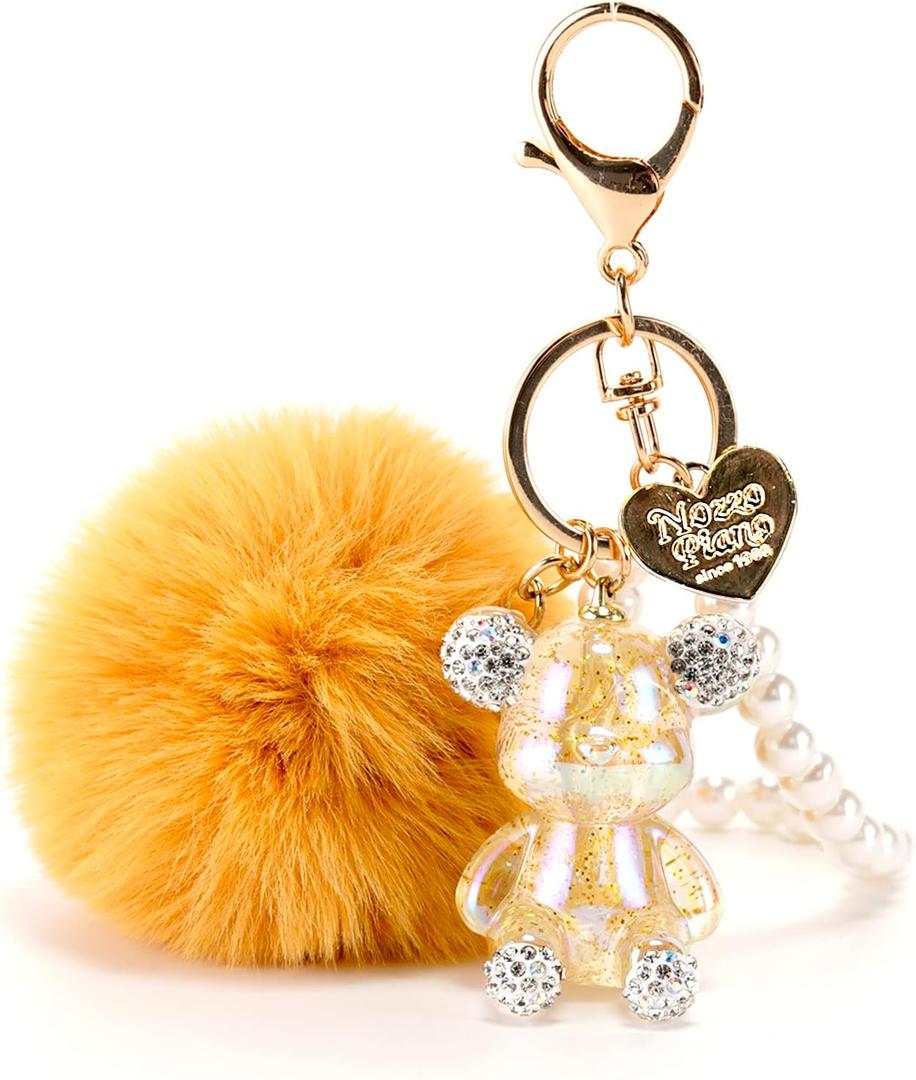 YOU WIZV Kawaii Cute Bear Keychain for Women, Bling Gummy Teddy Bear Pom Pom Key Chain Girly Wristlet Keychain for Backpack