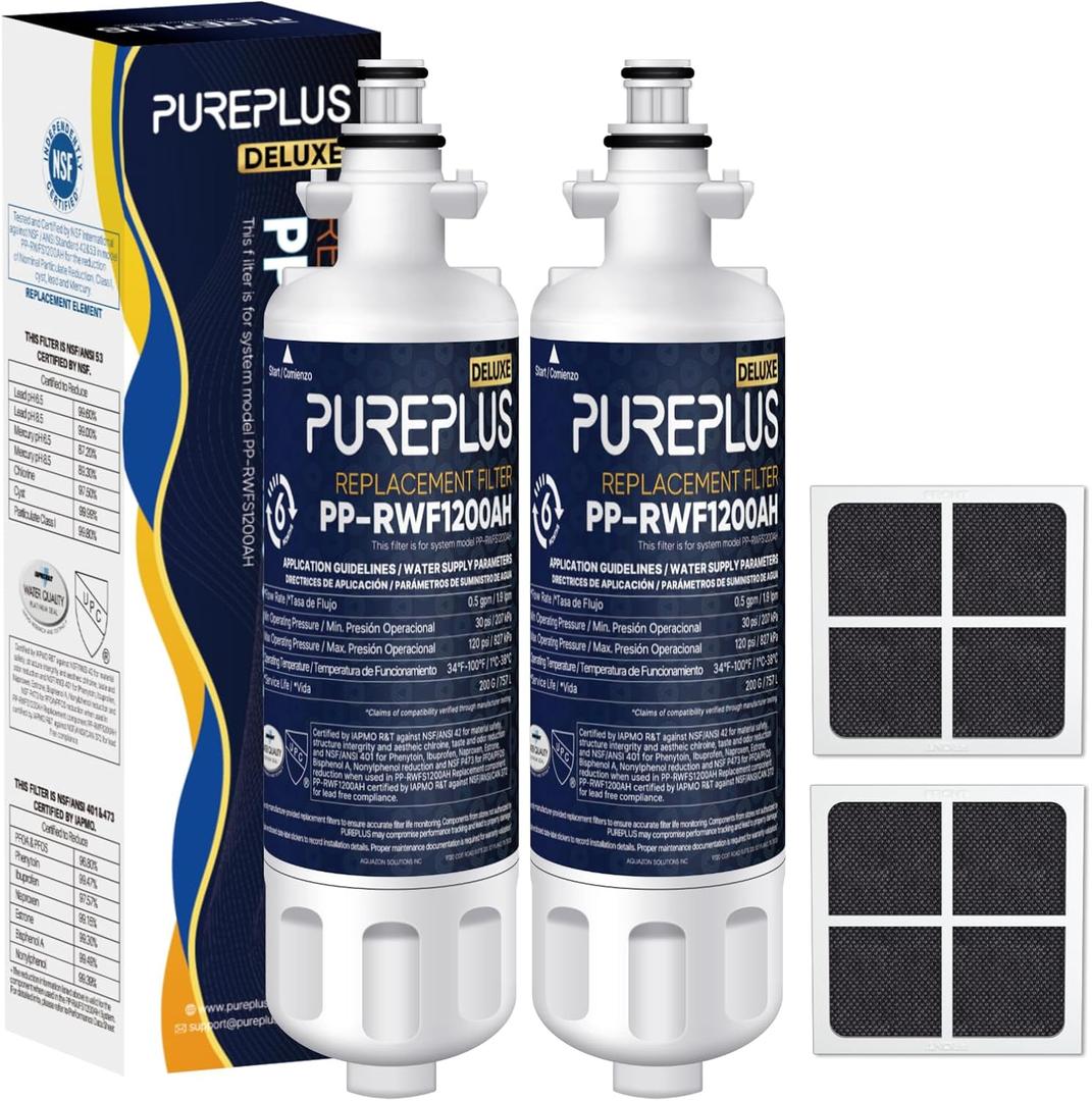 PUREPLUS 469690 NSF 401 & 473 & 53 & 42 Certified Replacement for LG LT700P Kenmore Elite 9690, ADQ36006102, ADQ36006101, LFXS30766S, LFX28968ST, LT120F Refrigerator Water and Air Filter Combo, 2Pack