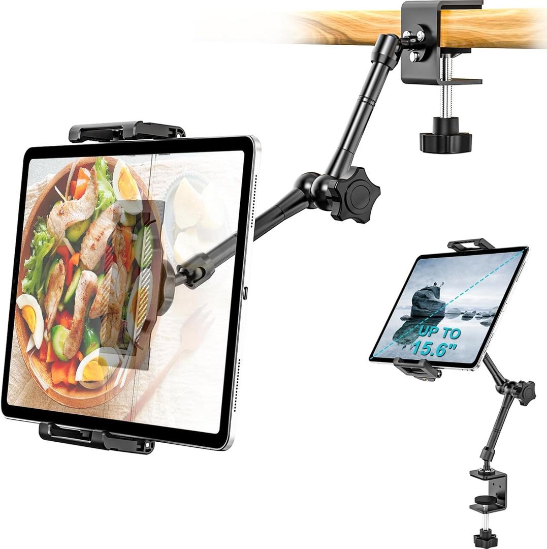 Dosvsi Kitchen Cabinet Tablet Holder, [Up to 15.6"] 360° Metal Arm Tablet Mount for Under Cabinet, Shelf/Desk/Counter Clamp Stand for iPad Pro 13 Air Mini, Galaxy Tab, Fire, iPhone, 6.115.6" Device