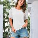 Spring Women's Dressy Tops Casual Trendy Eyelet Blouses Puff Sleeve Loose Fitting T Shirts Crewneck Work Blouse Ivory 2XL (White, XXL)
