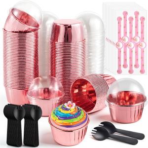 100 Pack 3.5oz Valentine's Day Cake Pans with Dome Lids and Spoons Aluminum Foil Mini Round Baking Cups with Lids Disposable Ramekins Cake Pans Dessert Cups for Wedding Birthday Party