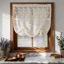 Romantic Floral Tie Up Curtains for Small Window Elegant Lace Balloon Sheer Curtain for Kitchen Bedroom Adjustable Sheer Curtain Valance for Bathroom Rod Pocket, 1 Panel (Beige,W52 L63 inch)