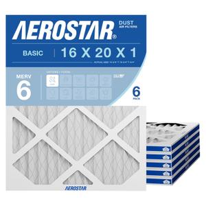 Aerostar 16x20x1 MERV 6 Air Filter, 6 Count, ACTUAL SIZE (15.50 x 19.50 x 0.75 ), HVAC, Air Conditioning & Furnace Filter for Dust, Lint & Pollen Control (MPR 300 / FPR 3), Made in USA