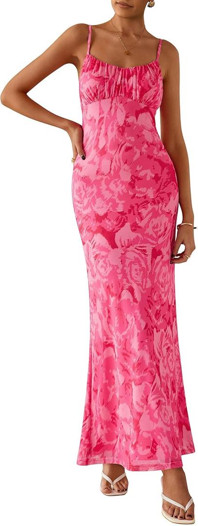 PRETTYGARDEN Women's Floral Bodycon Maxi Dress Summer Beach Sundress Sleeveless Spaghetti Strap Wedding Guest Dress (Pink, XXL)