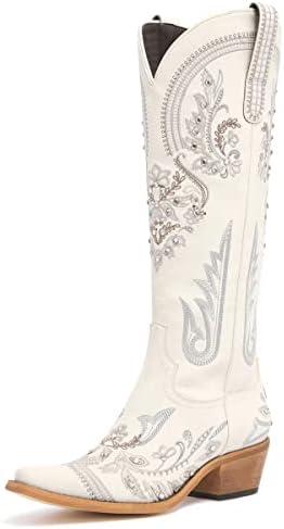 Western Cowboy Boots for Women Embroidered Rhinestones Knee High Cowgirl Boots Pointed Toe Chunky Heel Fashion Retro Classic Tall Boot, 6.5