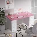 Pamray 47 Inch Computer Desk with 8 Fabric Drawers PC Gaming Desk Home Office Study Work Writing Table for Bedroom Pink
