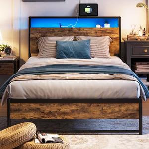 LINSY Twin Bed Frame with Ergonomic Headboard, 14 inch Fast Assembly Metal Bed with LED Lights, Outlets & USB, Kids Twin Size Bed Frame, Noise Free, No Box Spring Needed, Rustic Brown