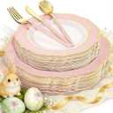 WDF 30Guest Pink Plates Disposable - Hign-end Baroque Design - Gold Plastic Silverware with Handle-Baroque Pink &Gold Plastic Dinnerware for Baby Shower Wedding Spring Easter (large and small)