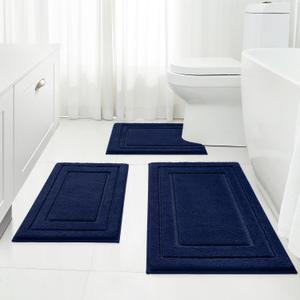 HOMEIDEAS Bathroom Rugs Sets 3 Piece, Super Soft and Absorbent Non Slip Microfiber Toilet Bath Mat with U-Shaped (Navy Blue) (1'4" x 2'8" (16"x24"+20"x32"+U Shape 20"x24"))