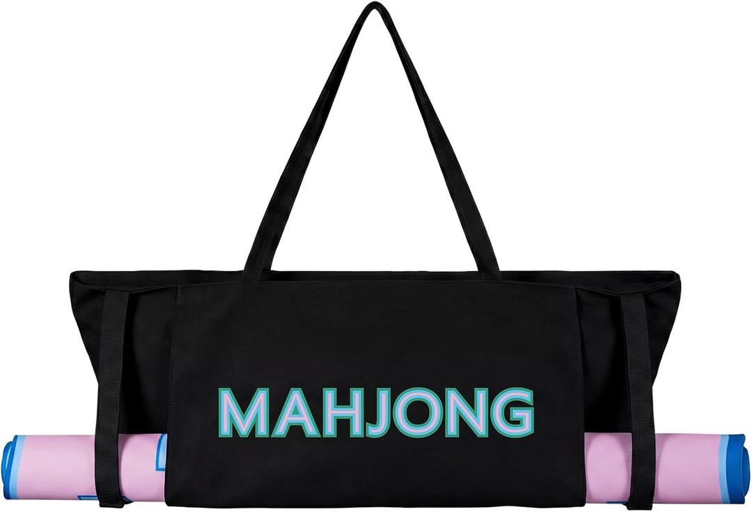 Abbylike 28x9 Inches Mahjong Bag for Rolled Mat Tiles Racks Pushers Accessories Empty Mahjong Tote Bag with Zipper Closure Outer Pockets Lining Large Capacity(Black,Canvas)