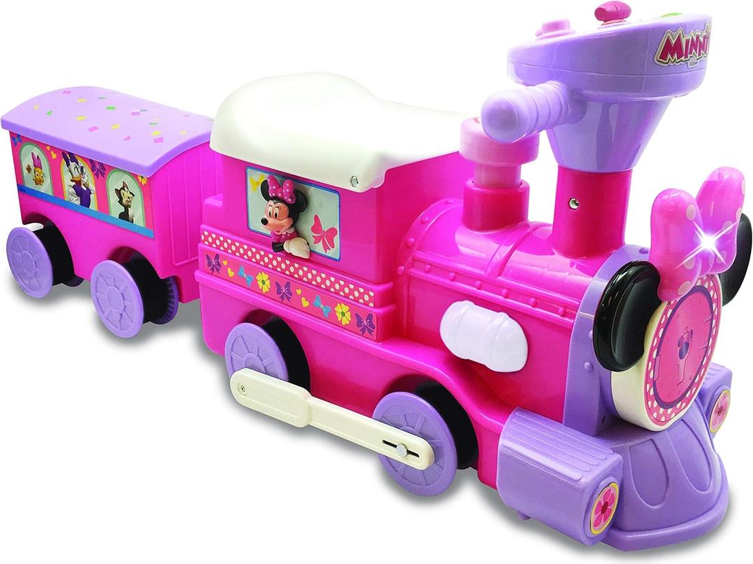 Kiddieland Minnie Ride-On Train with Track & Caboose, Motorized Lights Music, Forward/Reverse, Storage Cart, D-Cell Batteries Included
