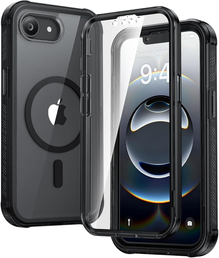Diaclara Magnetic Designed for iPhone 17e Case & iPhone 16e Case, Full Body Rugged Case with Built-in Screen Protector,[Compatible with MagSafe] Soft Bumper for iPhone 16 17 E 6.1" (Clear Black)