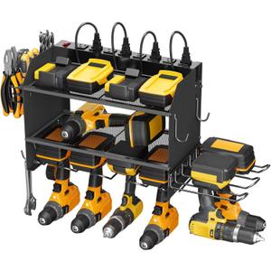 CCCEI Modular Power Tool Organizer Wall Mounted 6 Drill Black with 8 Sockets Heavy Duty Metal Shelf with Battery Shelf