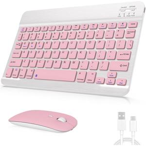 Rechargeable Bluetooth Keyboard and Mouse Combo, Universal Ultra-Slim Wireless Keyboard Mouse Set for Android Windows iPad iPhone Samsung Tablet Portable Compact Keyboard Set (Pink)