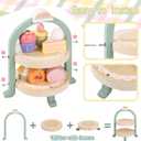 Wooden Tea Party Set for Little Girls, Toddler Tea Set with Cupcake Stand & Food Dessert, Pretend Play Food Kitchen Accessories for Kids Girls Age 2 3 4 5 6 Birthday Gift Wood Educational Toys