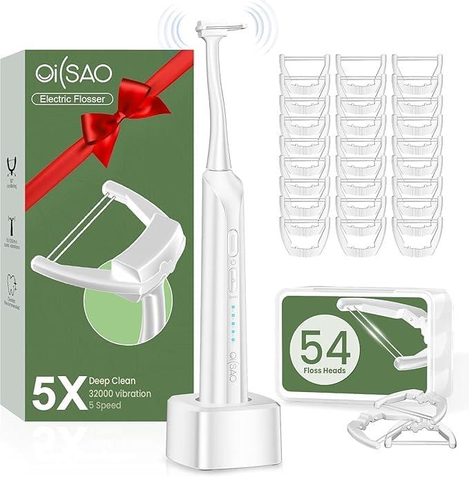 Electric Flosser for Teeth, Water Flosser Alternative with 5 Speeds + 54 Refill Heads, 5X Cleaning & 60 Day Battery Life, Oscillation Gliding for Sensitive Gum Care, Dentist Recommended - White