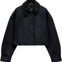 Women's Cropped Jacket Long Sleeve Zip Up Corduroy Collar Jackets Outwear with Pockets (Large, Navy Blue)