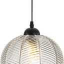 Qufute Glass Globe Pendant Lights, Clear Ribbed Glass Shade Mid Century Modern Pendant Light fixtures Pumpkin Design Black Adjustable Cord Ceiling Pendant Light Kitchen Island Dining Bedroom