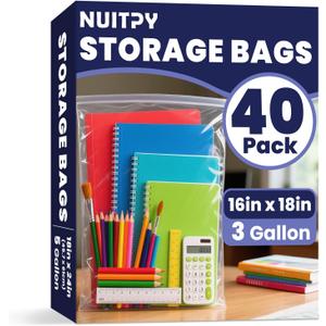 40 Pack Large 3 Gallon Storage Bags with Zipper Top, 16 x 18 inch Zipper Bags, Clear Plastic Bag for Storage, Reusable, Sealable Storage Bag for Clothes, Travel & Moving, Double-sided Thickness 4 Mil