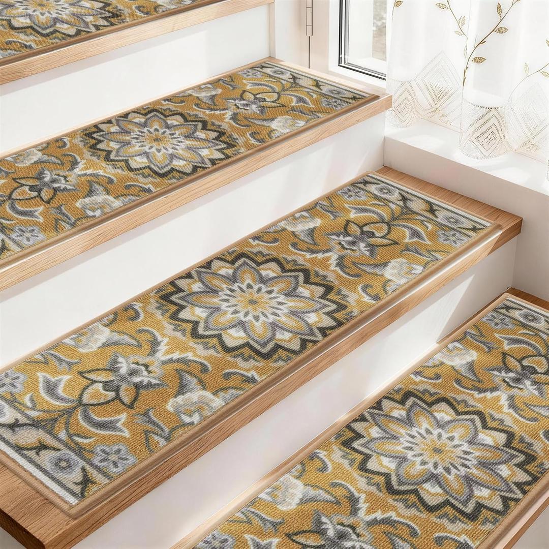 COSY HOMEER-Stair-Treads-for-Wooden-Steps Washable Indoor Stair Treads Non Slip 8" X 30" Soft Stair Carpet Treads Reusable Peel and Stick Stair Runner Rug for Kids, Elders and Pets 15pcs (Brown/Grey)