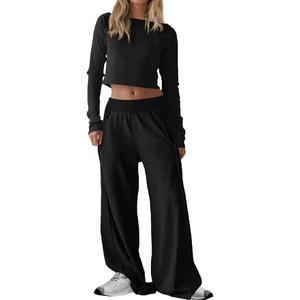 Fisoew Womens 2 Piece Sets Casual Off The Shoulder Long Sleeve Crop Tops Wide Leg Pants Tracksuit Lounge Travel Outfits L