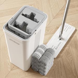 JOYMOOP Mop and Bucket Set with Wringer, Dust Mops for Floor Cleaning, Wall Cleaner with Long Handle,Wet and Dry Use - 3 Microfiber Mop Pads (White Bucket #2124 + 60" Flat Mop + 8 Pads)