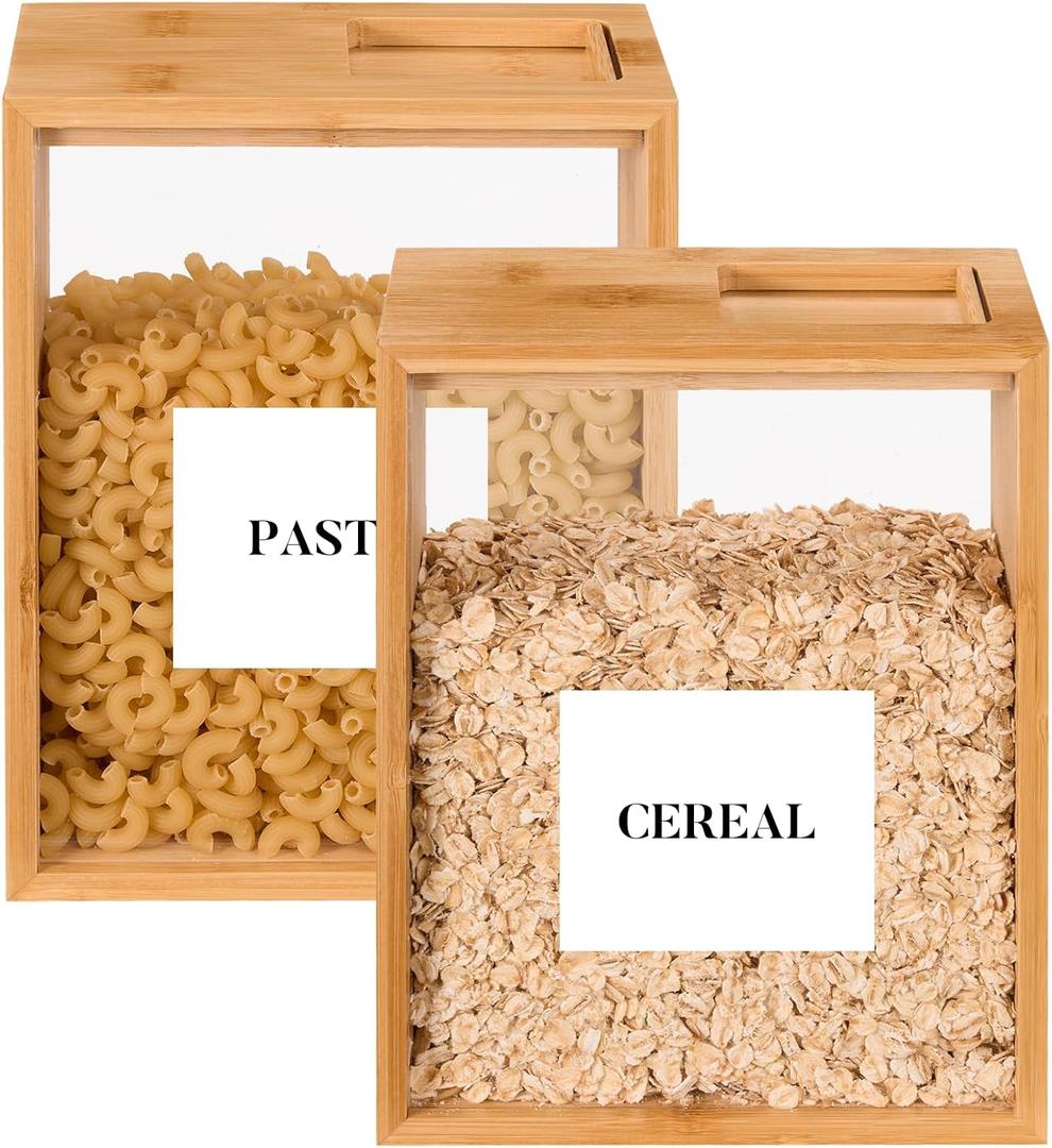 Food Dispenser 2L,2 Pack Easy-to-Clean Bamboo Food Storage Containers Featuring a Removable PVC Door PanelCereal Cispensers For Serving Tea,Coffee,Sugar,Candy,Pasta,Spice