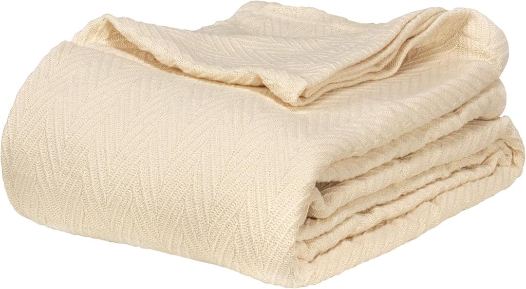 HOMECITY Cotton All-Season Thermal Blanket- Ivory Woven Reversible Ultra-Soft and Warm Herringbone Blanket for Bed/Couch, King, 108" x 90" - Hroo Collection 100% Cotton Blanket for Bed