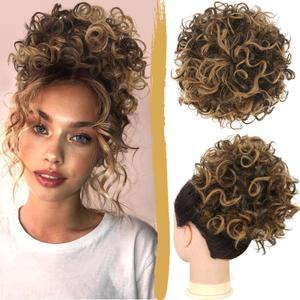 PEACOCO Messy Bun Short Curly Ponytail Extension Elastic Drawstring Loose Hair Bun for Women with Thinning Hair High Temperature Synthetic Fiber Hair Bun Extension 80g, Brown Mixed Dark Blonde