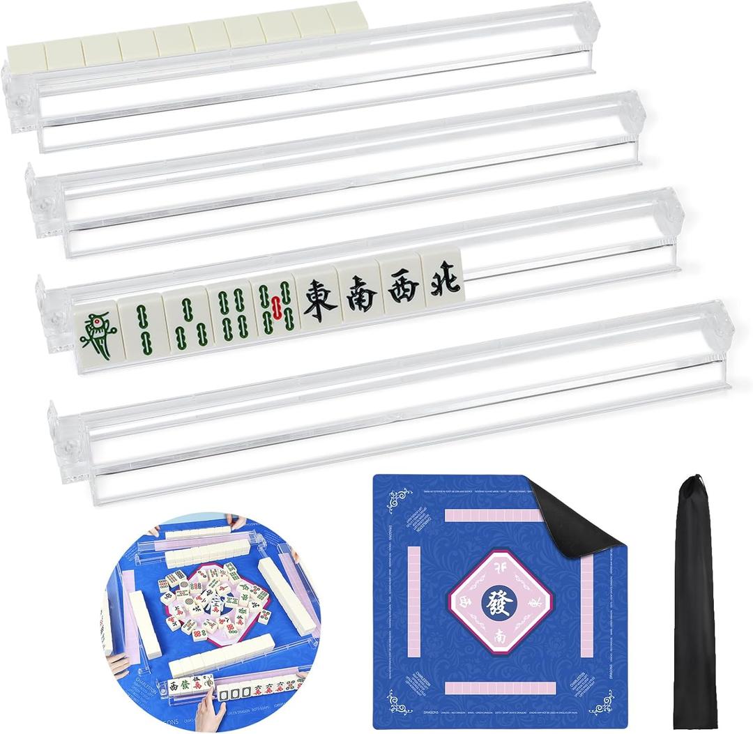 New American Mahjong Game Accessories Set, 31.5 * 31.5 Inch Non-Slip Mahjong Mat for Table and 4 All-in-One Racks with Pushers Set for Mahjong Tile Game