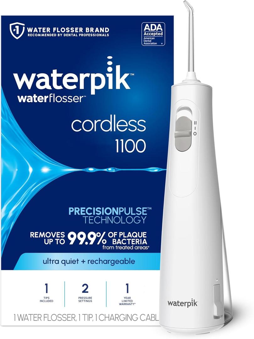 Waterpik Cordless 1100 Rechargeable Portable Water Flosser for Teeth Cleaning and Flossing, Travel, Braces Care, Healthier Gums, Waterproof for Shower, ADA Accepted, WF-30CD White, Packaging May Vary