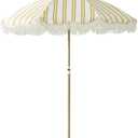 6FT Stripe Fringe Beach Umbrella for Sand with Sand Anchor, UPF 50+ Sun Shade with Tassels, Adjustable Tilt Pole, Portable Coastal Umbrella for Beach & Pool, Heritage Mimosa Stripe