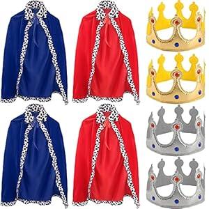 Cotiny 4 Pack Kids King Costume Set Kings Cape Red Blue Cloak Crown for Children Halloween King Prince Cosplay Birthday Party (Red, Blue)